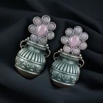 Silver Replica Unique Kalash Earrings – Oxidised Flower & Stone Work Design - "Baby Pink"