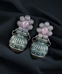 Silver Replica Kalash Earrings with floral and stone design