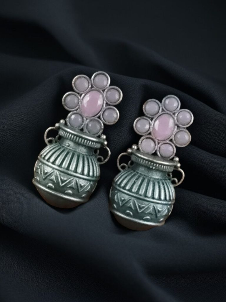Bulk 948 Silver Replica Unique Kalash Earrings – Oxidised Flower & Stone Work Design - "Baby Pink"