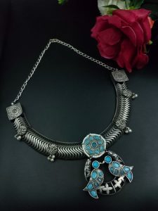 Antique Oxidized Bird Hasli Necklace | Best Classic Silver Look Like Jewelry - color: "Aqua"