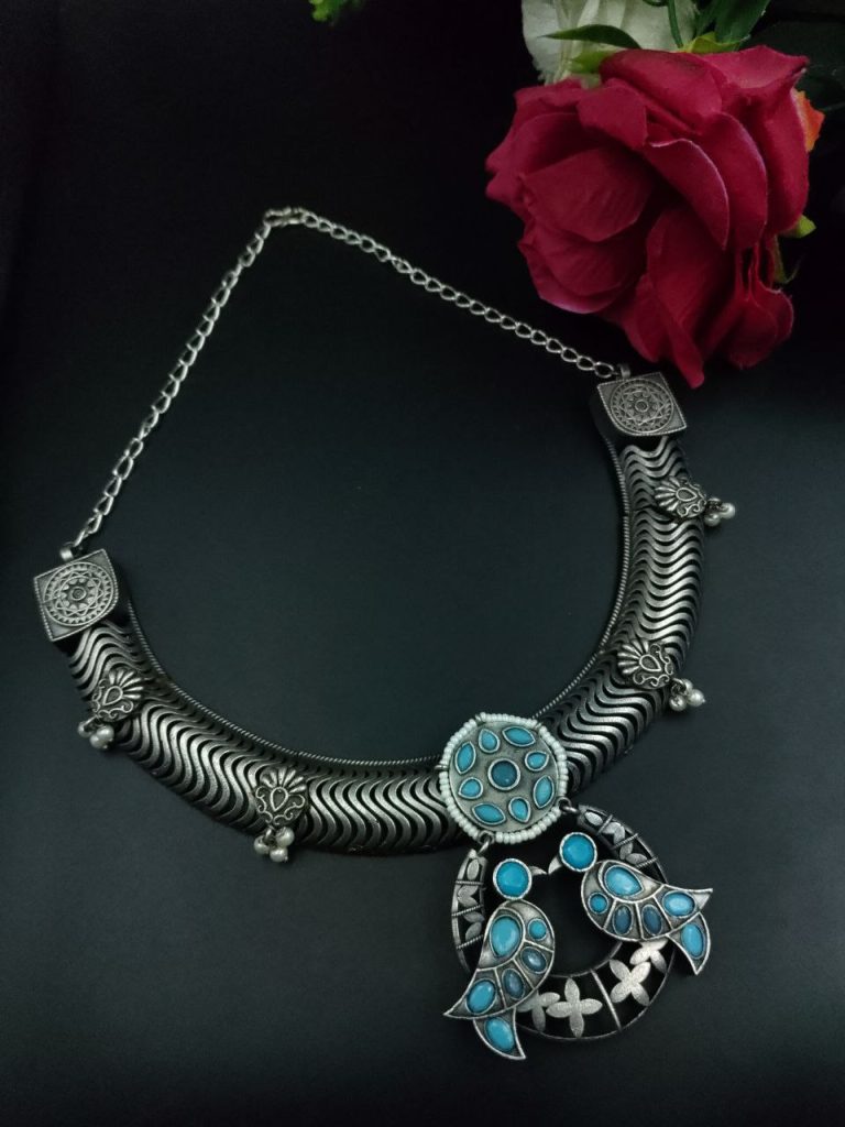 Bulk 1010 Antique Oxidized Bird Hasli Necklace | Best Classic Silver Look Like Jewelry - "Aqua"