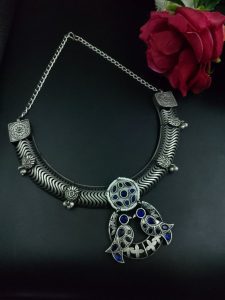 Antique Oxidized Bird Hasli Necklace | Best Classic Silver Look Like Jewelry - color: "Blue"
