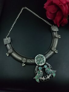 Antique Oxidized Bird Hasli Necklace | Best Classic Silver Look Like Jewelry - color: "Mint"