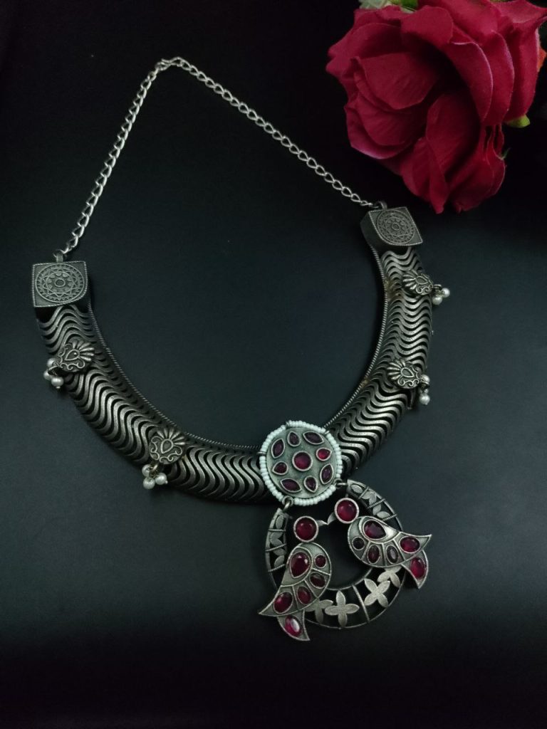 Bulk 1022 Antique Oxidized Bird Hasli Necklace | Best Classic Silver Look Like Jewelry - "Pink"