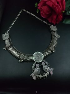 Antique Oxidized Bird Hasli Necklace | Best Classic Silver Look Like Jewelry - color: "Baby Pink "
