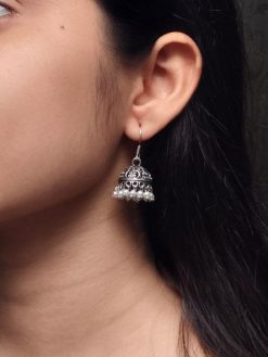 German Silver Pearl Jhumki Earrings with Hook Design