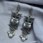 Adorable German Silver Owl Earrings – Western Hook Style Dangler with Pearl & Stone - "Black"