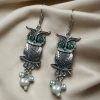 German Silver Owl Earrings with Pearl and Stone Dangler Design