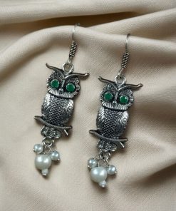 German Silver Owl Earrings with Pearl and Stone Dangler Design