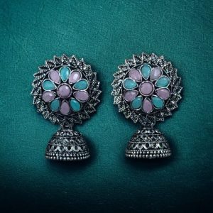 Beautiful Look Stone Jhumki Earrings – Oxidised Ethnic Dangler Jewelry for Women - color: "Baby Pink-Mint"