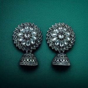 Beautiful Look Stone Jhumki Earrings – Oxidised Ethnic Dangler Jewelry for Women - color: "White"