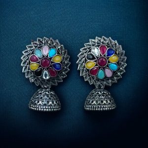 Beautiful Look Stone Jhumki Earrings – Oxidised Ethnic Dangler Jewelry for Women - color: "Multi"