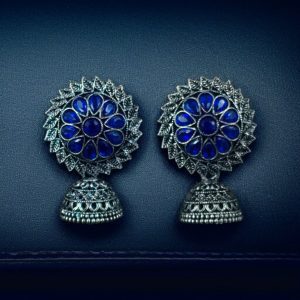 Beautiful Look Stone Jhumki Earrings – Oxidised Ethnic Dangler Jewelry for Women - color: "Blue"