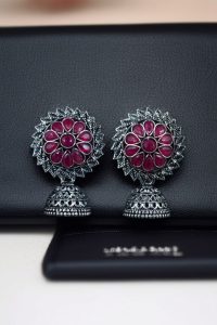 Beautiful Look Stone Jhumki Earrings – Oxidised Ethnic Dangler Jewelry for Women - color: "Pink"
