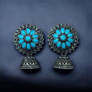 Beautiful Look Stone Jhumki Earrings – Oxidised Ethnic Dangler Jewelry for Women - color: "Aqua"