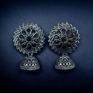 Beautiful Look Stone Jhumki Earrings – Oxidised Ethnic Dangler Jewelry for Women - color: "Black"