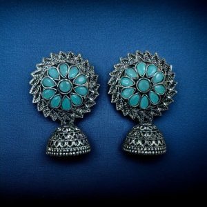 Beautiful Look Stone Jhumki Earrings – Oxidised Ethnic Dangler Jewelry for Women - color: "Mint"