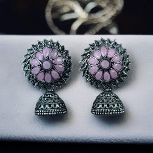 Beautiful Look Stone Jhumki Earrings – Oxidised Ethnic Dangler Jewelry for Women - color: "Baby Pink"
