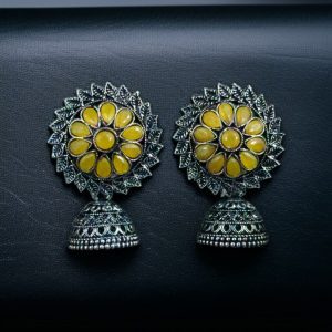 Beautiful Look Stone Jhumki Earrings – Oxidised Ethnic Dangler Jewelry for Women - color: "Yellow"