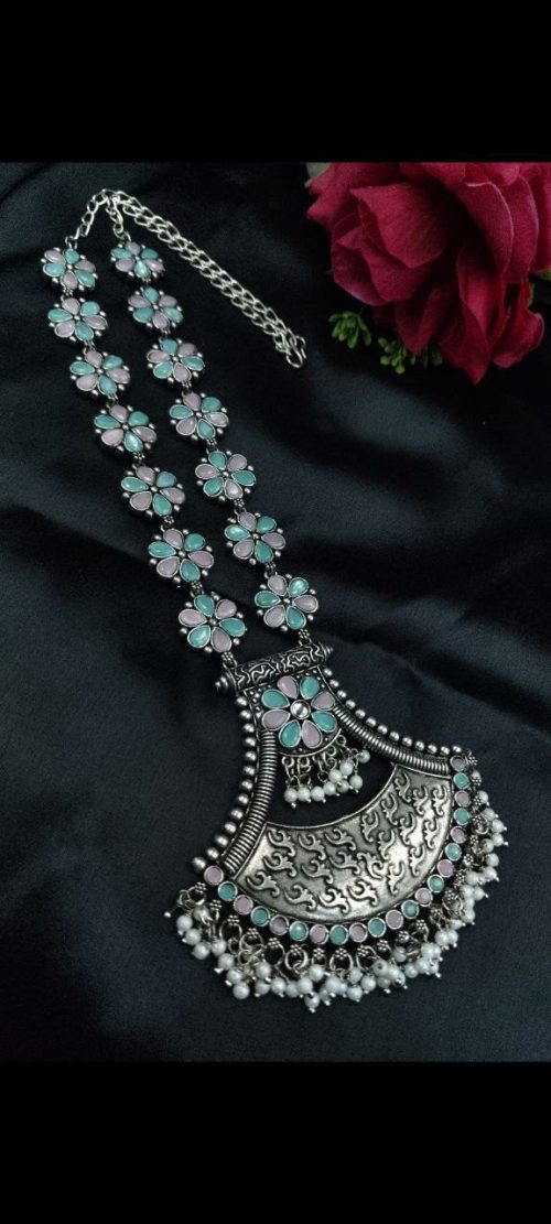 Oxidised floral necklace with pearl and stone work