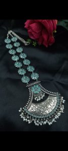 Designer Floral Art Oxidised Long Necklace – Traditional Jewelry with Best Pearl & Stone Work - color: "Mint"