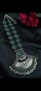Designer Floral Art Oxidised Long Necklace – Traditional Jewelry with Best Pearl & Stone Work - color: "Green"