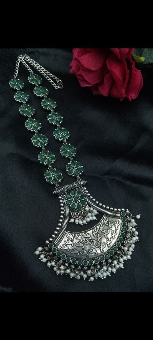 Oxidised floral necklace with pearl and stone work