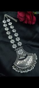 Designer Floral Art Oxidised Long Necklace – Traditional Jewelry with Best Pearl & Stone Work - color: "White"
