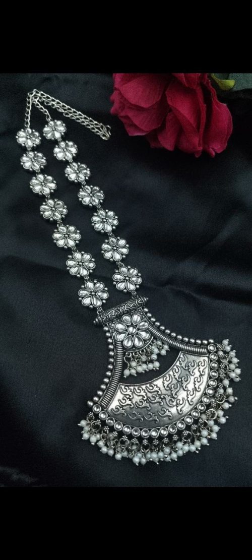 Oxidised floral necklace with pearl and stone work
