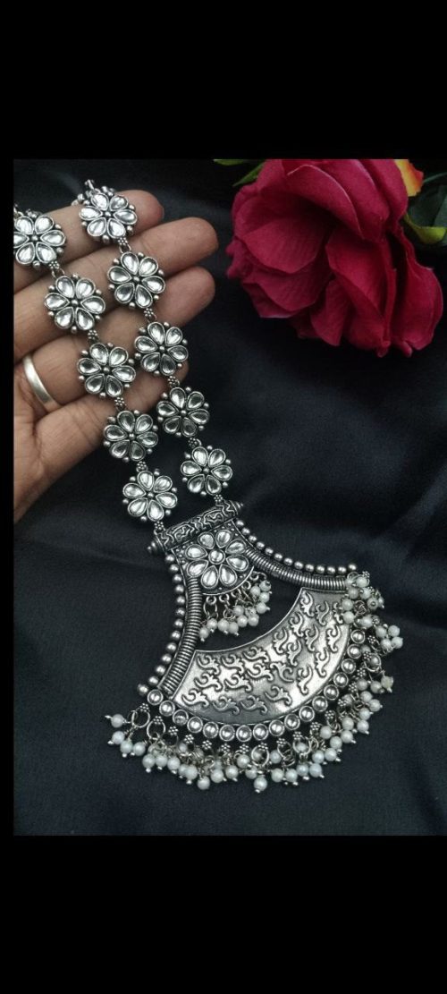 Oxidised floral necklace with pearl and stone work