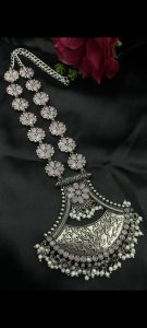 Designer Floral Art Oxidised Long Necklace – Traditional Jewelry with Best Pearl & Stone Work - color: "Baby Pink"