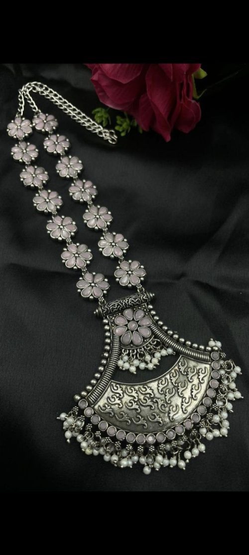 Oxidised floral necklace with pearl and stone work