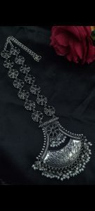 Designer Floral Art Oxidised Long Necklace – Traditional Jewelry with Best Pearl & Stone Work - color: "Black"