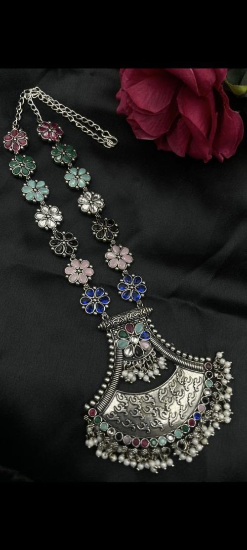 Oxidised floral necklace with pearl and stone work