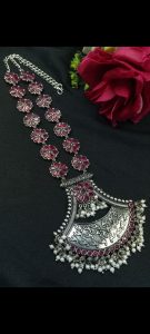 Designer Floral Art Oxidised Long Necklace – Traditional Jewelry with Best Pearl & Stone Work - color: "Red"