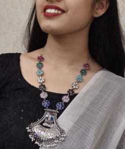 Oxidised long necklace with pearl and stone work