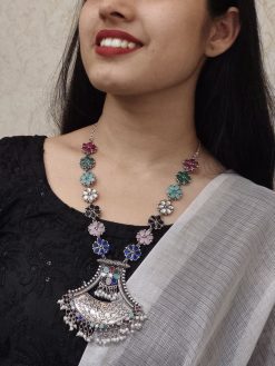 Oxidised long necklace with pearl and stone work