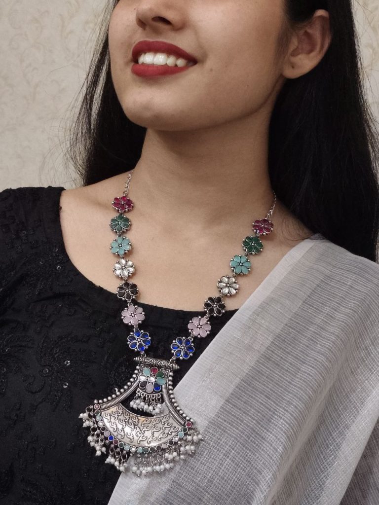 Designer Floral Art Oxidised Long Necklace – Traditional Jewelry with Best Pearl & Stone Work