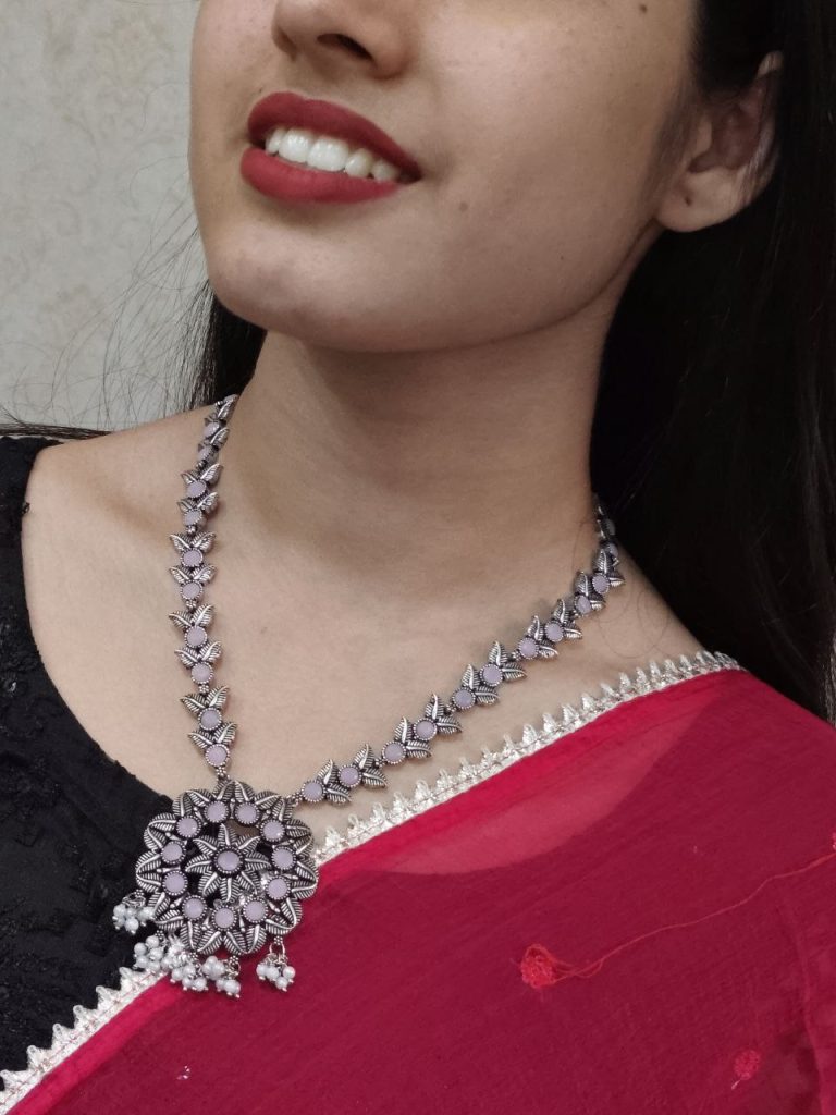Best Oxidized Silver Long Necklace with Pearl and Stone Accents – Ethnic Jewelry