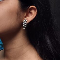 Oxidised German silver leaf stud earrings, handcrafted ethnic jewelry