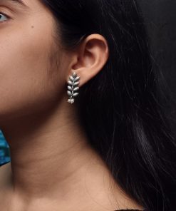 Oxidised German silver leaf stud earrings, handcrafted ethnic jewelry