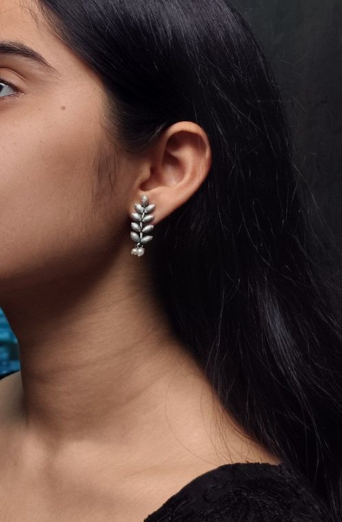 Oxidised German silver leaf stud earrings, handcrafted ethnic jewelry