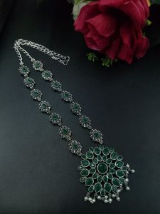 Traditional Oxidised Long Necklace | Stone & Pearl Work Perfect for Parties Look - color: "Green"