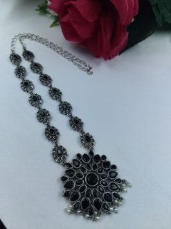 Traditional oxidised long necklace with stone and pearl work