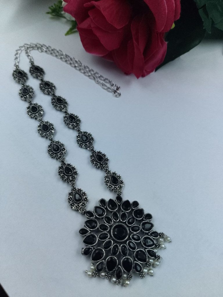 Traditional Oxidised Long Necklace | Stone & Pearl Work Perfect for Parties Look