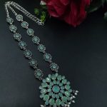 Traditional Oxidised Long Necklace | Stone & Pearl Work Perfect for Parties Look - "Mint"