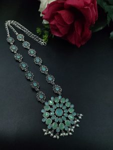 Traditional Oxidised Long Necklace | Stone & Pearl Work Perfect for Parties Look - color: "Mint"