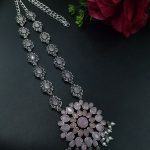 Traditional Oxidised Long Necklace | Stone & Pearl Work Perfect for Parties Look - "Baby Pink"