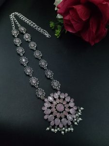 Traditional Oxidised Long Necklace | Stone & Pearl Work Perfect for Parties Look - color: "Baby Pink"
