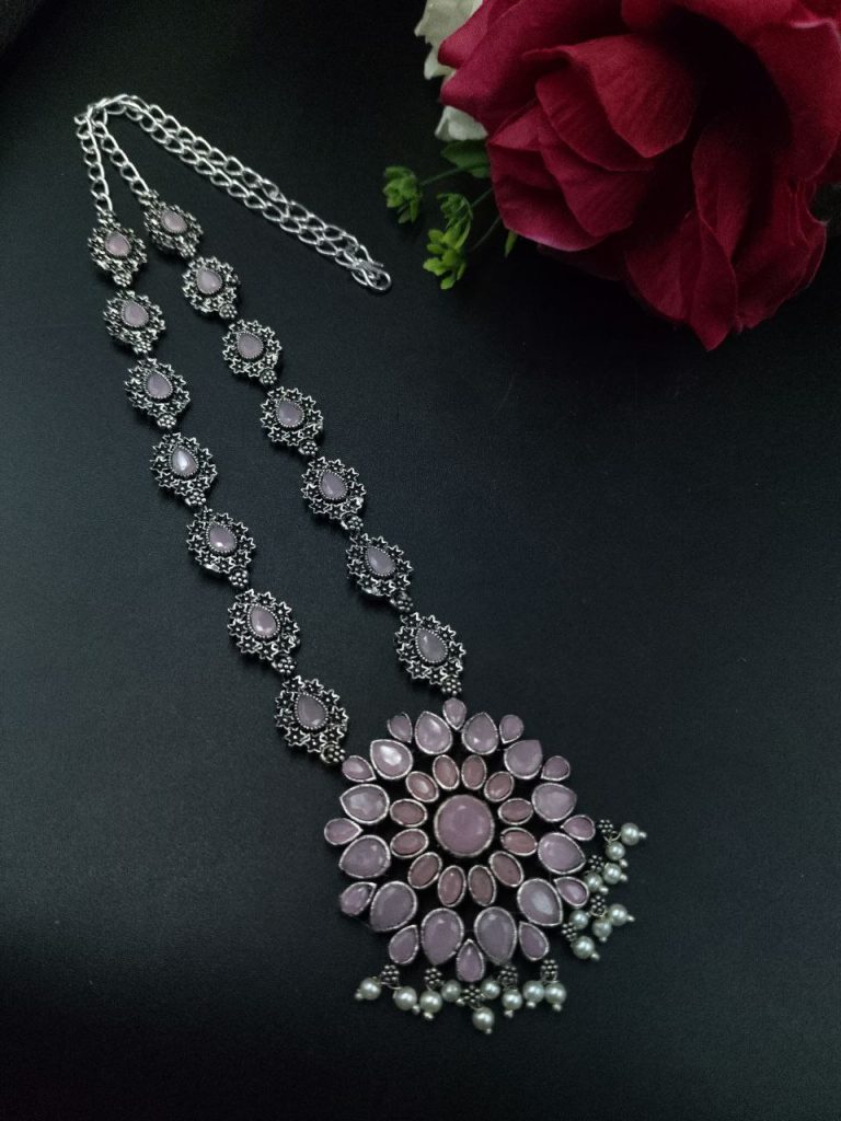Bulk 896 Traditional Oxidised Long Necklace | Stone & Pearl Work Perfect for Parties Look - "Baby Pink"
